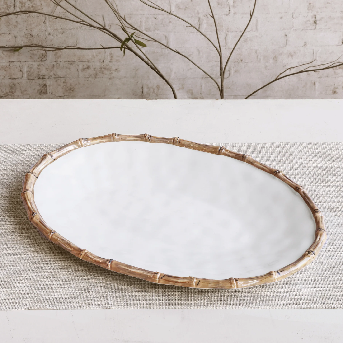 Melamine Bamboo Large Oval Platter, White and Natural