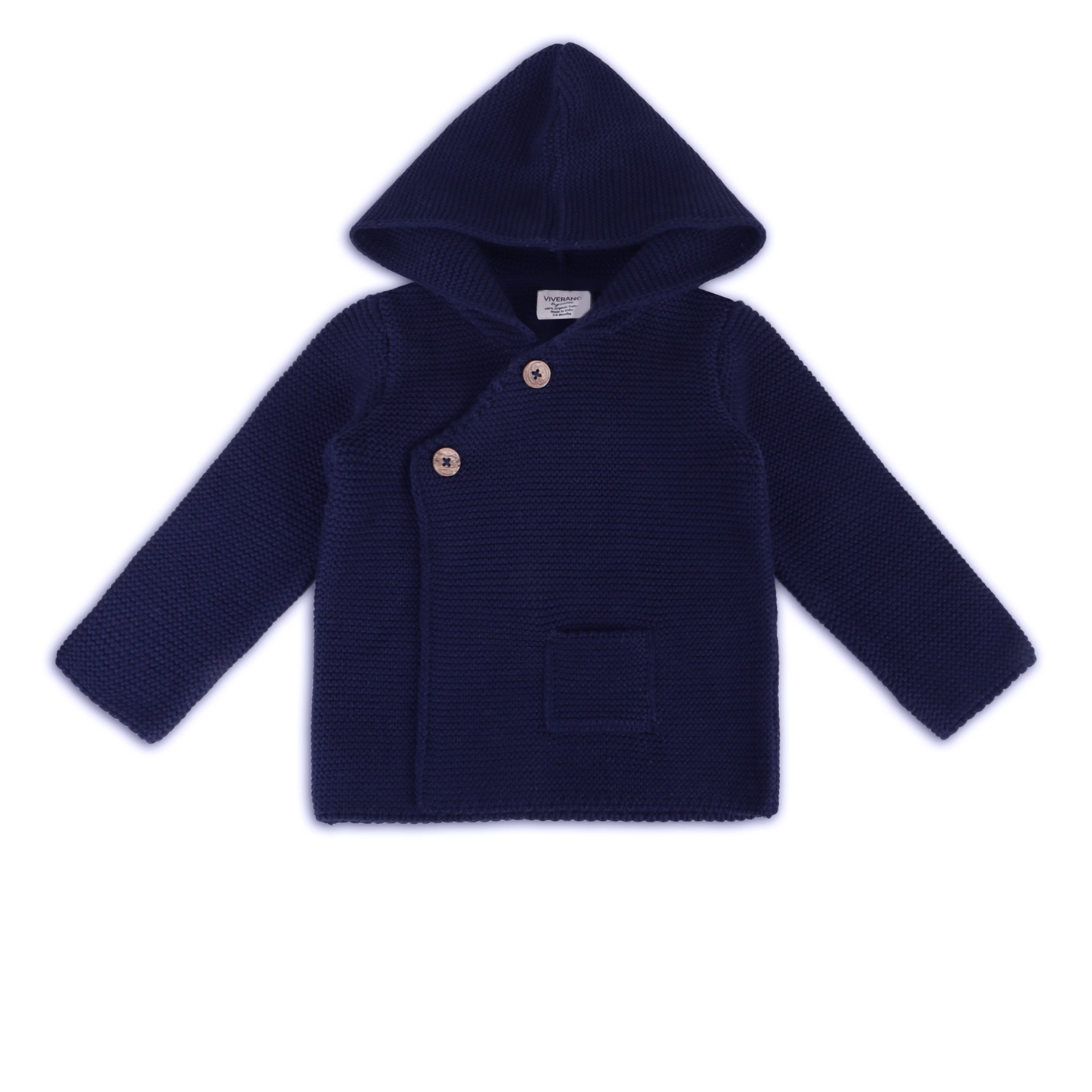 Hooded Button & Pocket Sweater Knit Baby Jacket, Navy Blue, 12-18M