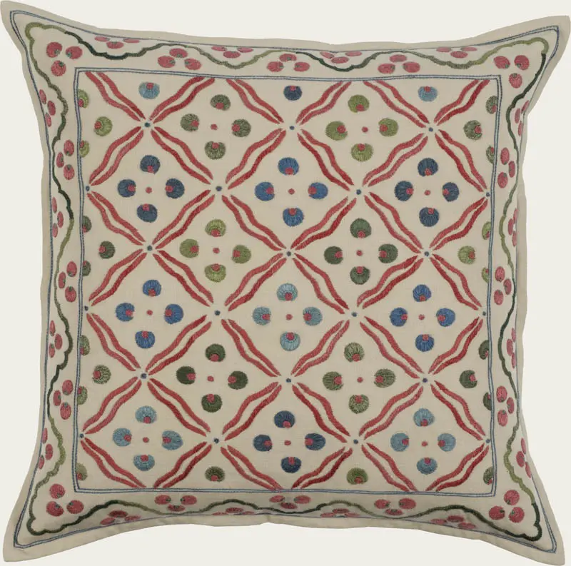 18 In. Roya Pillow 55% Linen and 45% Cotton
Here the dots of the Cintamani have become four, not three, framed by their companion wavy lines.
The resulting diamond shape creates a modern look from these classical roots. The border utilises the same...