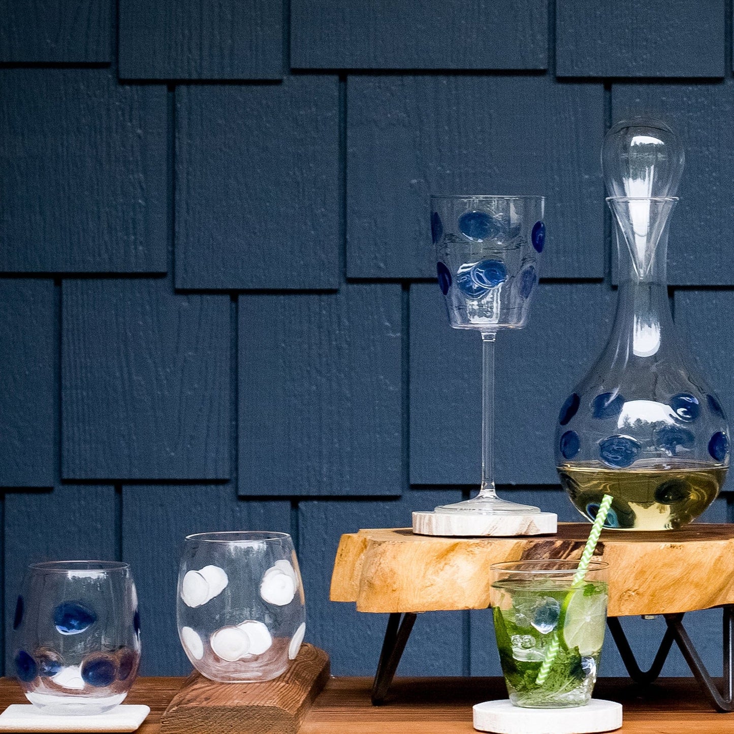 Vietri Drop Stemless Wine Glass Blue Dot