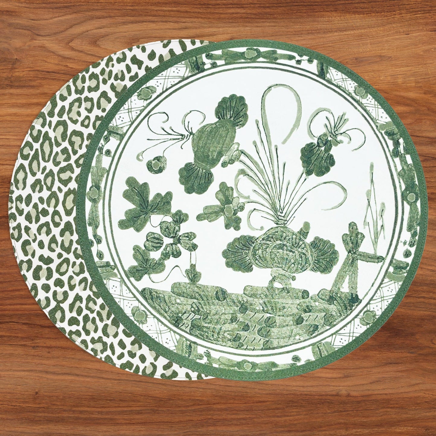 Faenza Green & White Cheetah Reversible Round Placemats Set-4