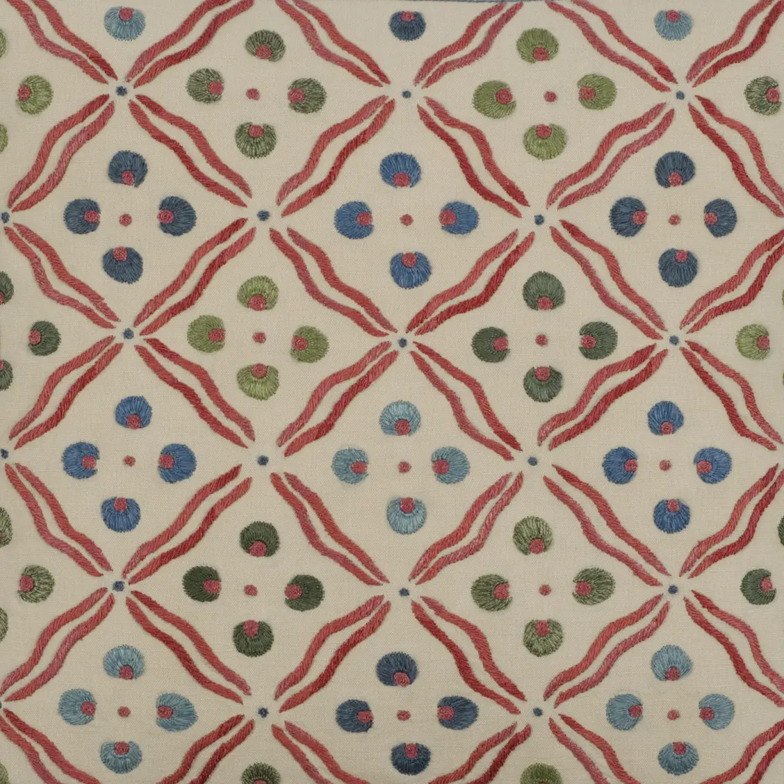 18 In. Roya Pillow 55% Linen and 45% Cotton
Here the dots of the Cintamani have become four, not three, framed by their companion wavy lines.
The resulting diamond shape creates a modern look from these classical roots. The border utilises the same...