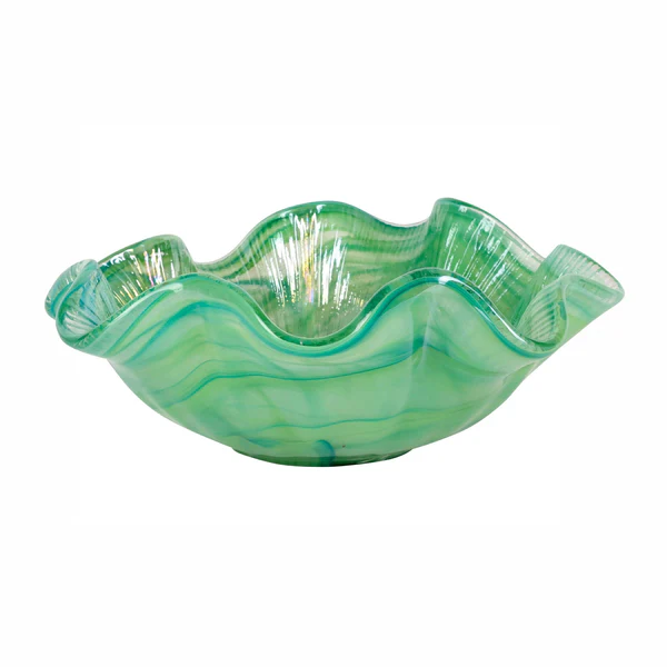 Onda Green Glass Ruffled Bowl 13.75 Inches