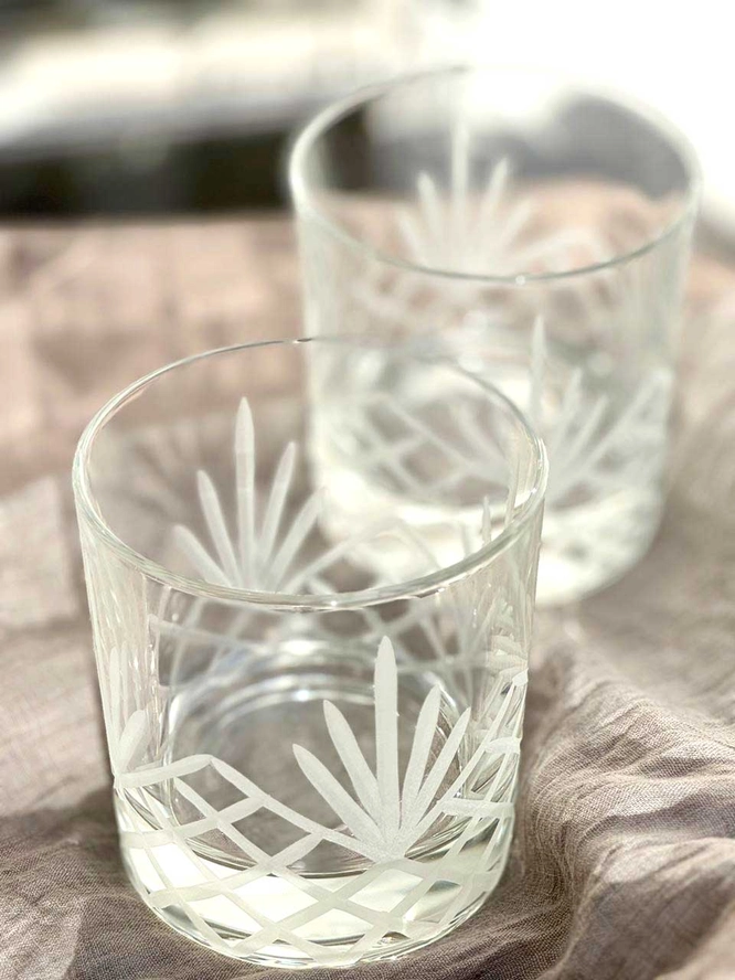 Carved Frosted White Palm Set of 6 Drinking Glasses 8.5 oz.