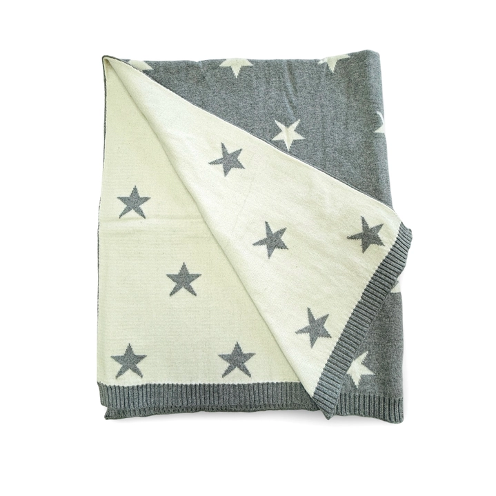 Organic Cotton Sweater Knit Baby Blanket Stars Grey Reversible