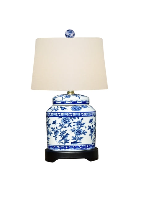 Blue White Floral Oval Jar Lamp, 16"