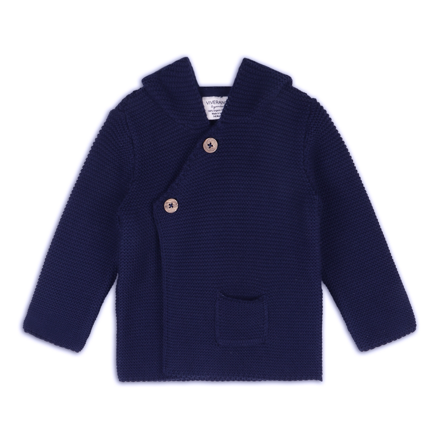 Hooded Button & Pocket Sweater Knit Baby Jacket, Navy Blue, 12-18M