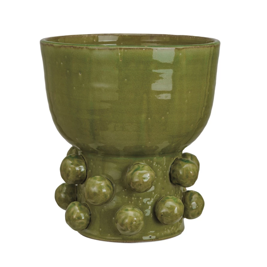 Green Terra Cotta Hobnail Footed Vase, 11"x12"