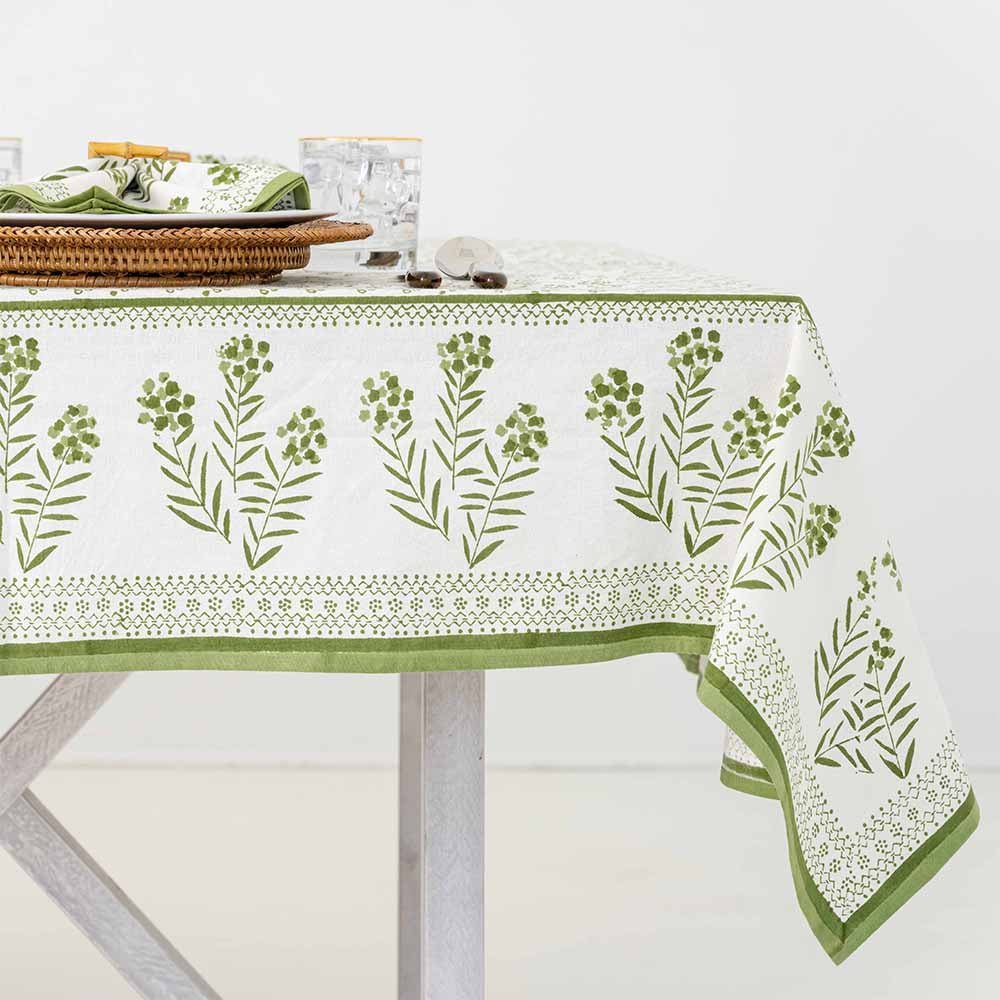 Phlox Green & White Tablecloth Cotton 60x120
