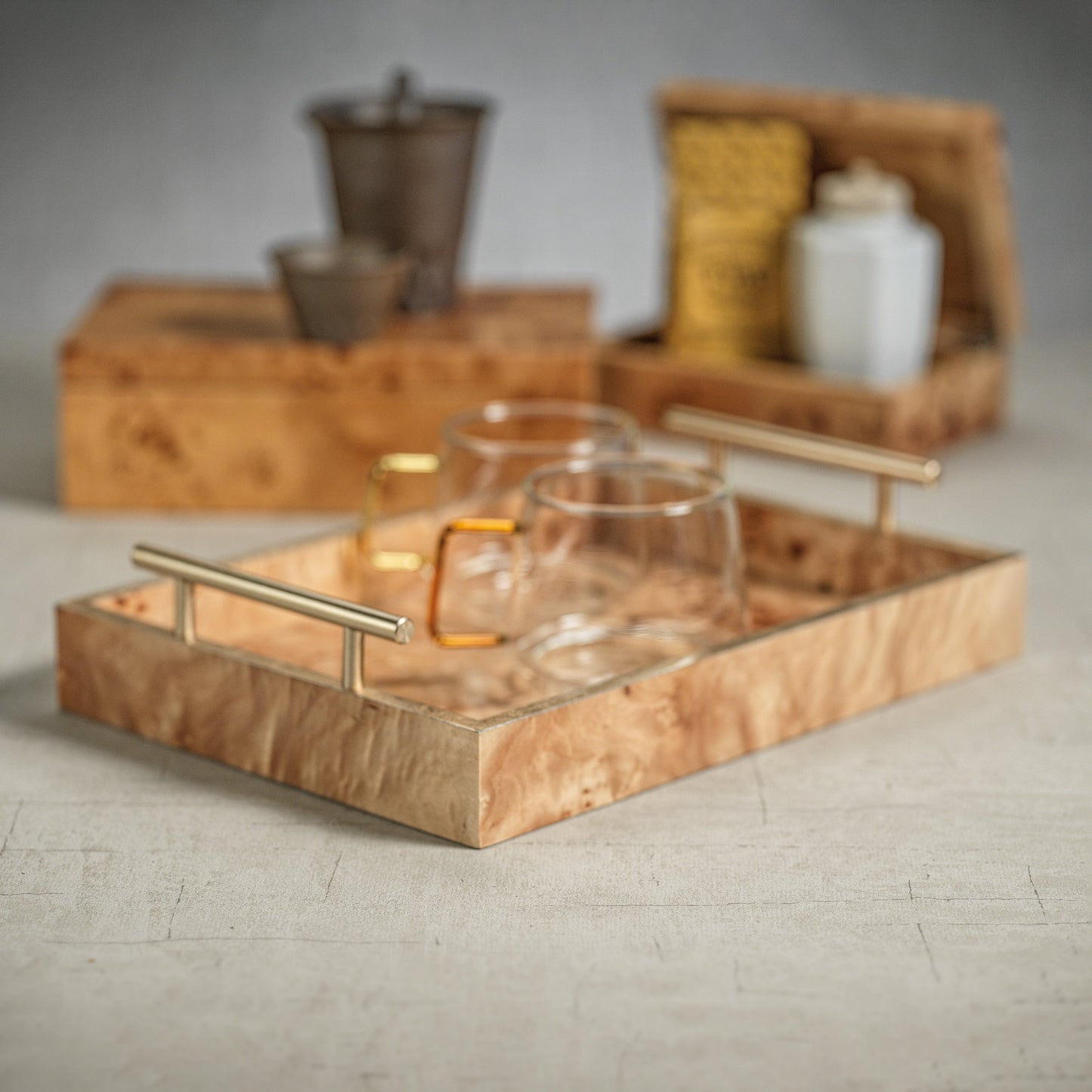 Rectangle Burl Wood Tray w/Gold Handles
