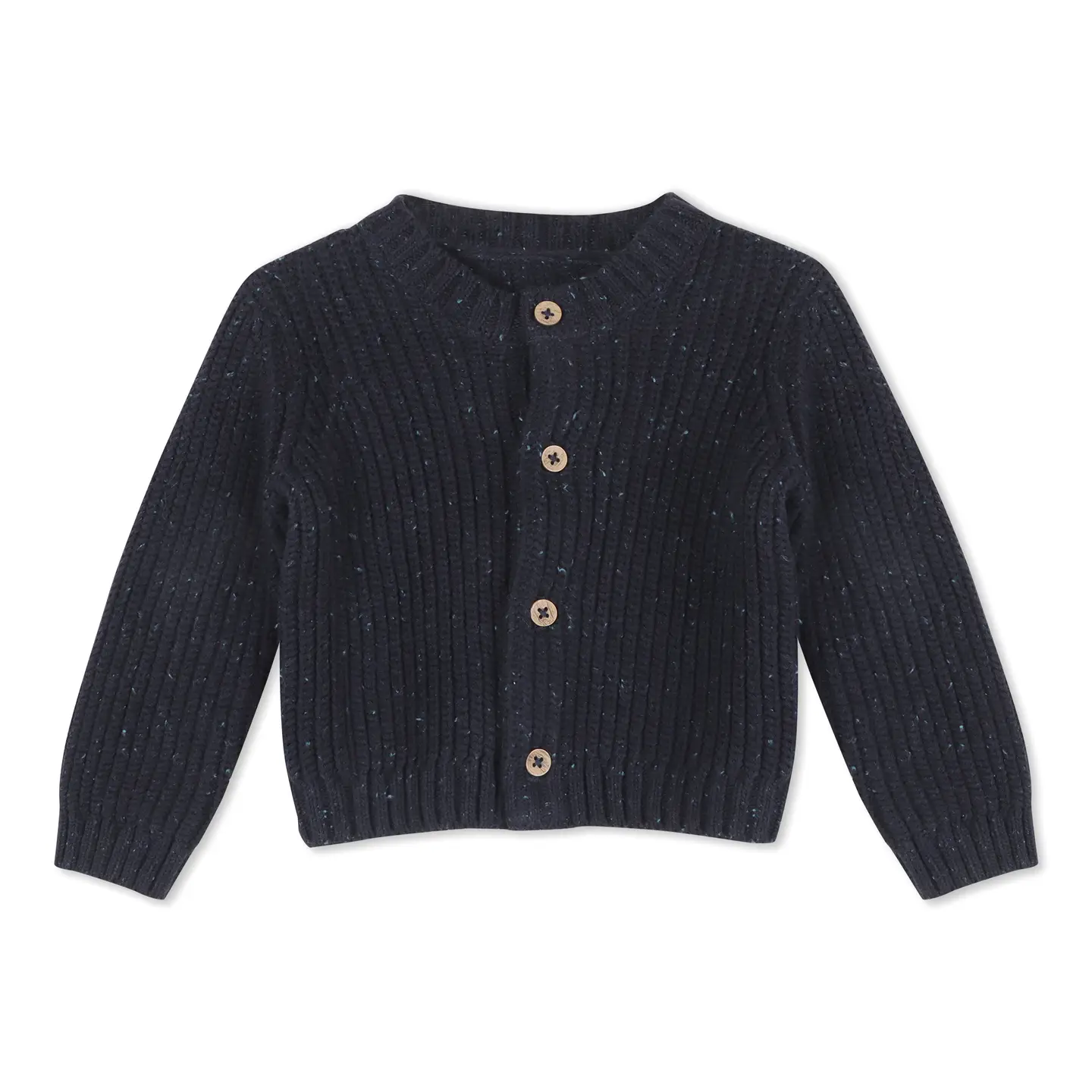 Classic Chunky Knit Baby Sweater Cardigan, Speckled Navy. Sweater Shown in 6 to 12 months. Call for available Sizes, 303-744-7464