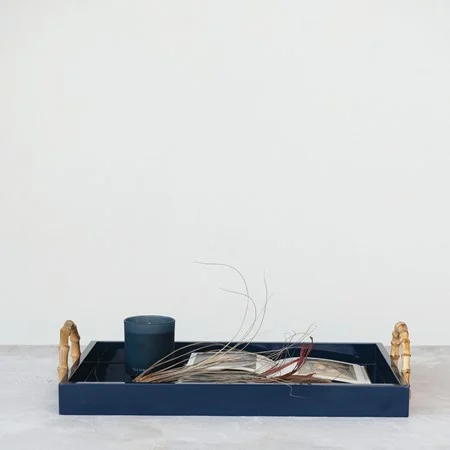 Navy Lacquered Tray w/ Bamboo Handles