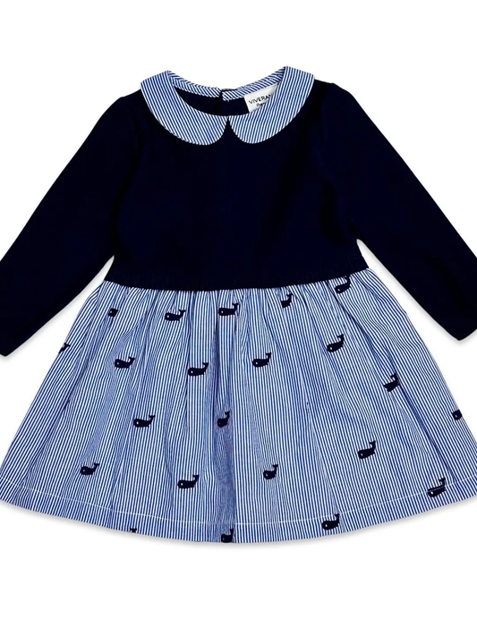 Whale Embroidered Pinstripe Baby Sweater Dress Sizes 3 to 6 Months shown here.
Call for Available Sizes, 303-744-7464