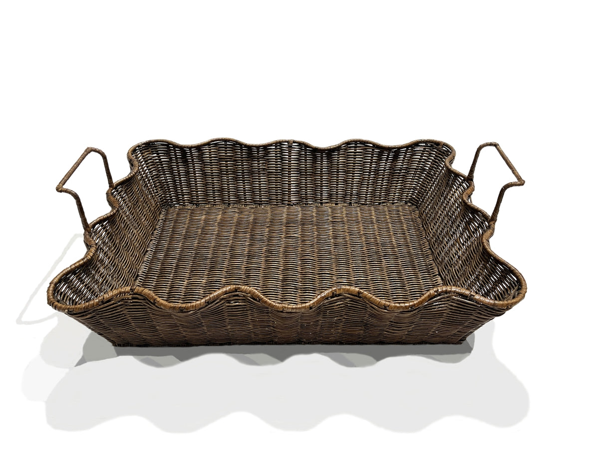 Large Scalloped Tray -Rattan Antique Brown 23.75 In