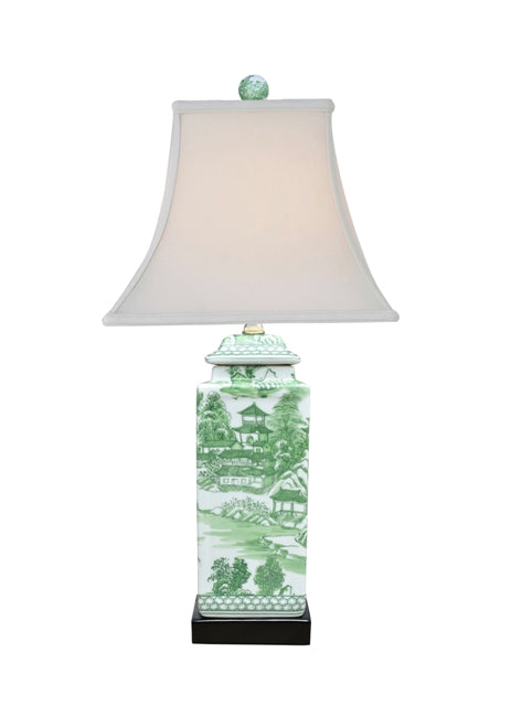 Green Chinoiserie Square Covered Jar Lamp