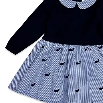 Whale Embroidered Pinstripe Baby Sweater Dress Sizes 3 to 6 Months shown here.
Call for Available Sizes, 303-744-7464