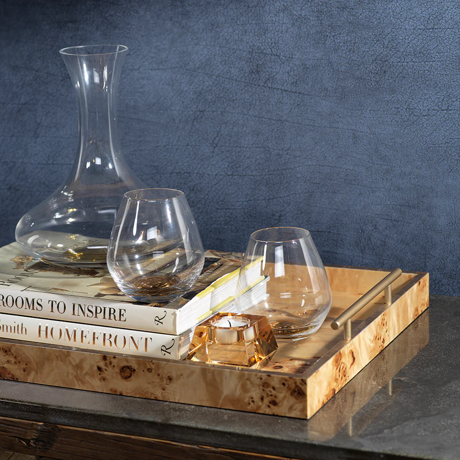 Leiden Burl Wood Rectangular Tray with Gold Handles – 21 in