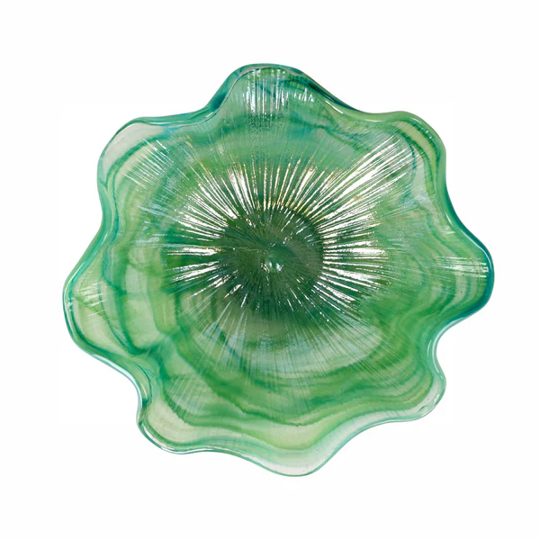 Onda Green Glass Ruffled Bowl 13.75 Inches
