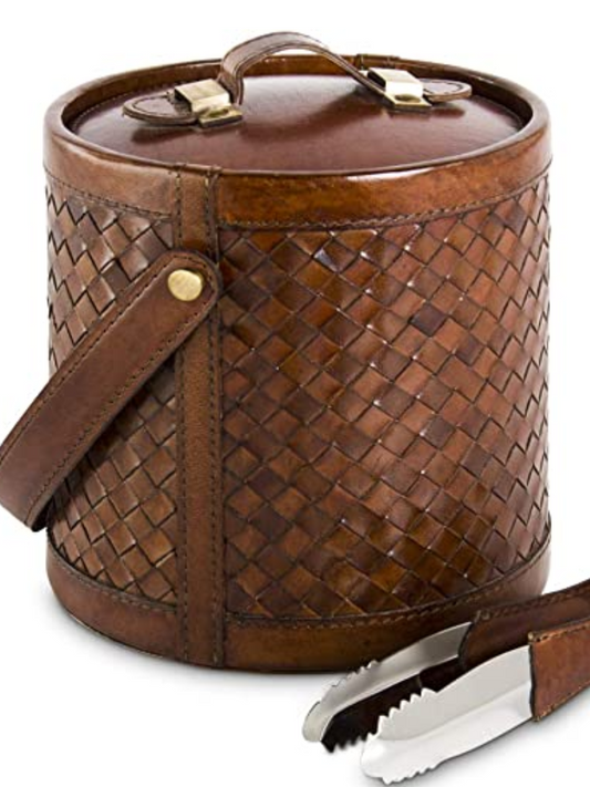 Brown Leather Basket Weave Ice Bucket