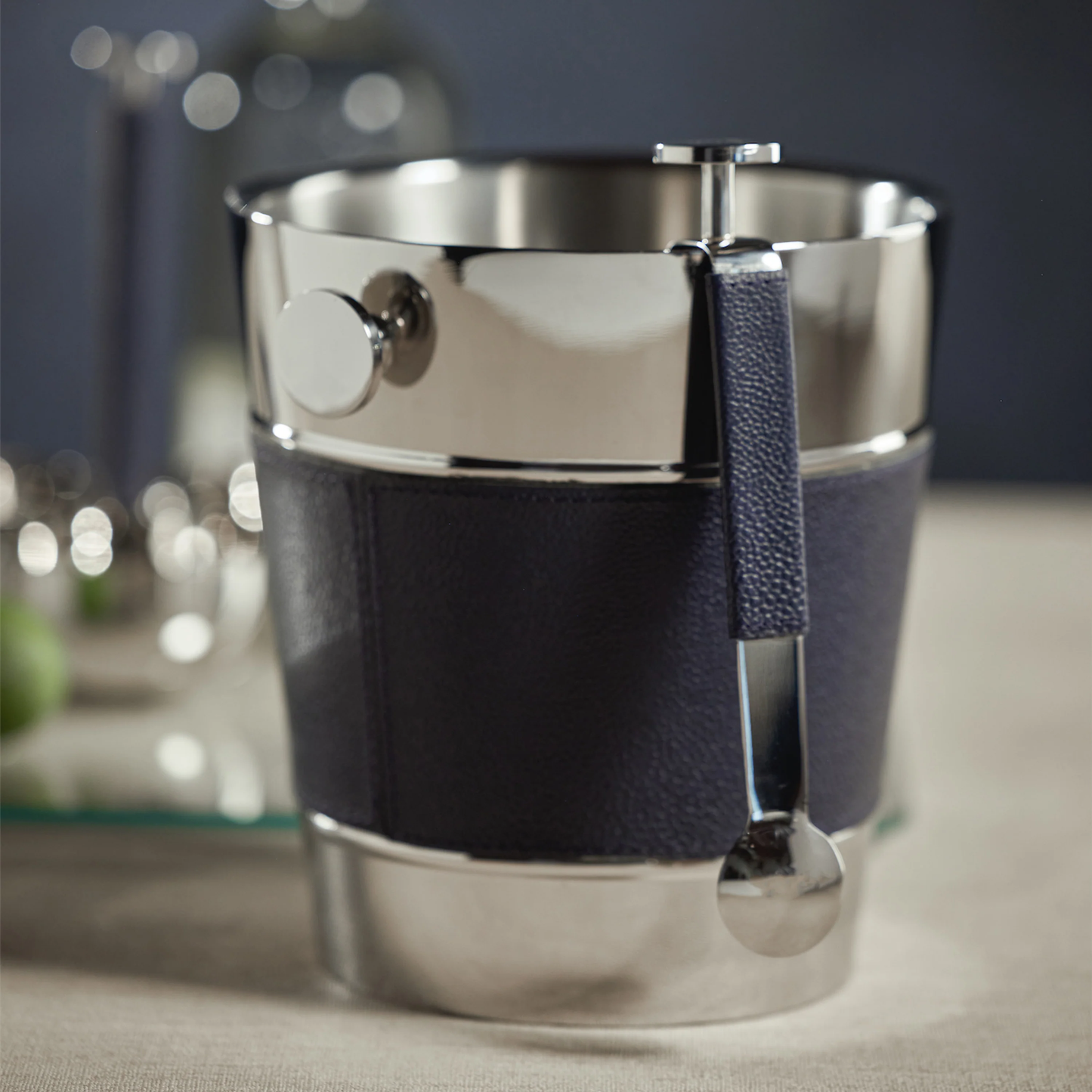 Laguna Nickel & Navy Leather Wine Cooler  9 " x 8 "