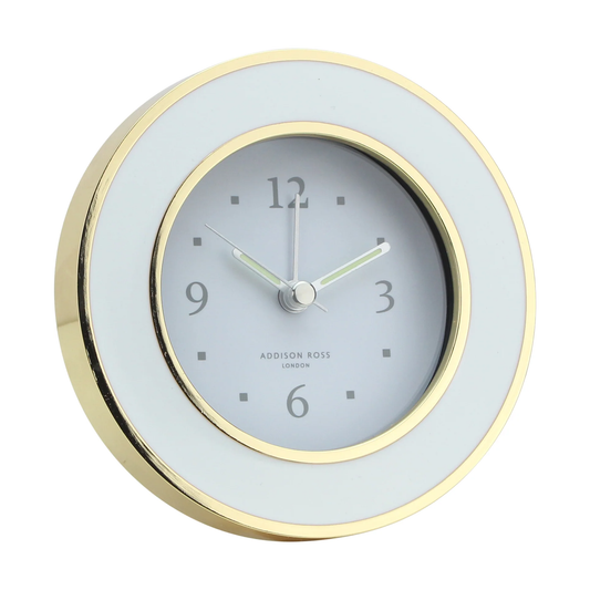 Round Alarm Clock White Emamel with Gold Plate Edge