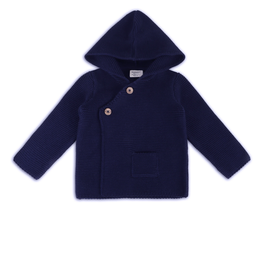 Hooded Button & Pocket Sweater Knit Baby Jacket, Navy Blue, 12-18M