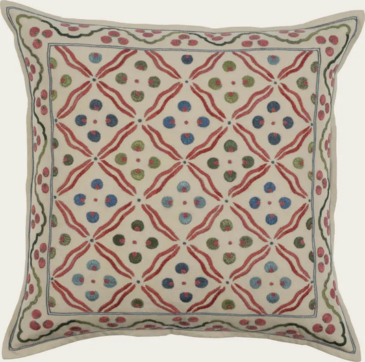 18 In. Roya Pillow 55% Linen and 45% Cotton
Here the dots of the Cintamani have become four, not three, framed by their companion wavy lines.
The resulting diamond shape creates a modern look from these classical roots. The border utilises the same...