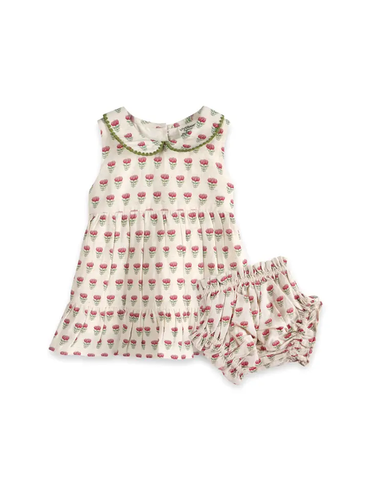 Mia Block Print Floral Baby Dress & Bloomer Set. Set Shown in 6 to 12 months. Call for available Sizes, 303-744-7464