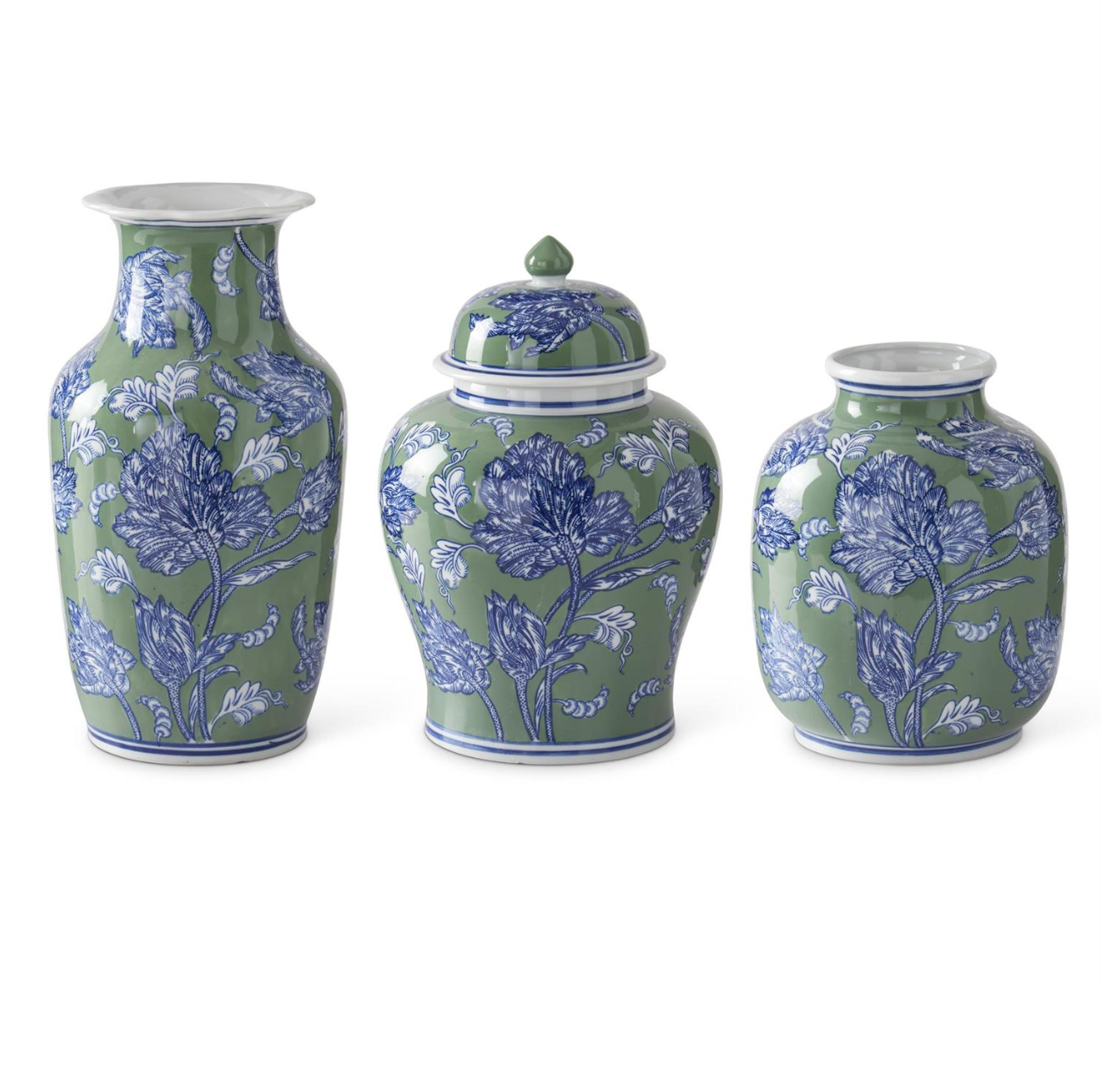 Blue Green & White Floral Ceramic Ginger Jar, 14.25"