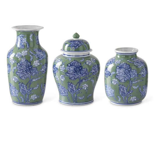 Blue Green & White Floral Ceramic Ginger Jar, 14.25"