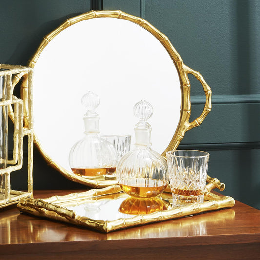Bamboo Mirrored Tray A/2, 2 Designs, Round & Rectangle