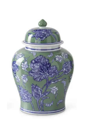 Blue Green & White Floral Ceramic Ginger Jar, 14.25"