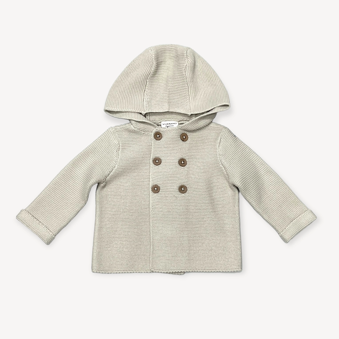 Hooded Double Button Baby Jacket, Stone Organic Cotton this Sweater Shown in 6 to 12 months.

Call for available Sizes, 303-744-7464