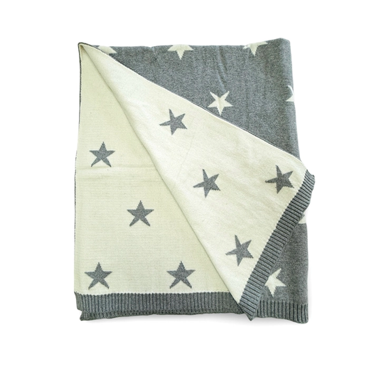 Organic Cotton Sweater Knit Baby Blanket Stars Grey Reversible