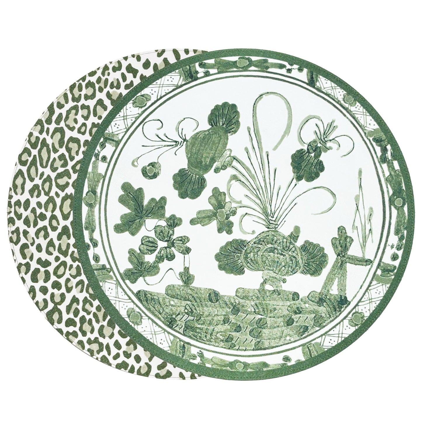 Faenza Green & White Cheetah Reversible Round Placemats Set-4