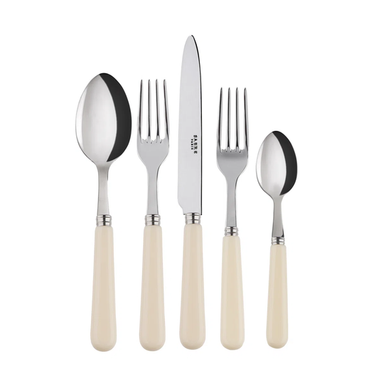 5 Piece Place Setting includes: Dinner Fork; Dinner Knife; Teaspoon; Soup Spoon; Dessert Fork