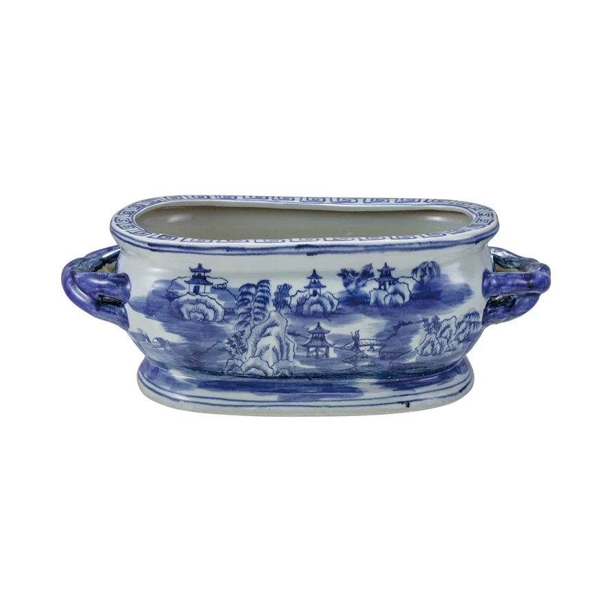 Oval Hand-Painted Blue/White Planter with Landscape & Handles 17.5