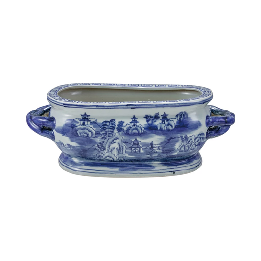 Oval Hand-Painted Blue/White Planter with Landscape & Handles 17.5