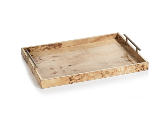 Leiden Burl Wood Rectangular Tray with Gold Handles – 21 in