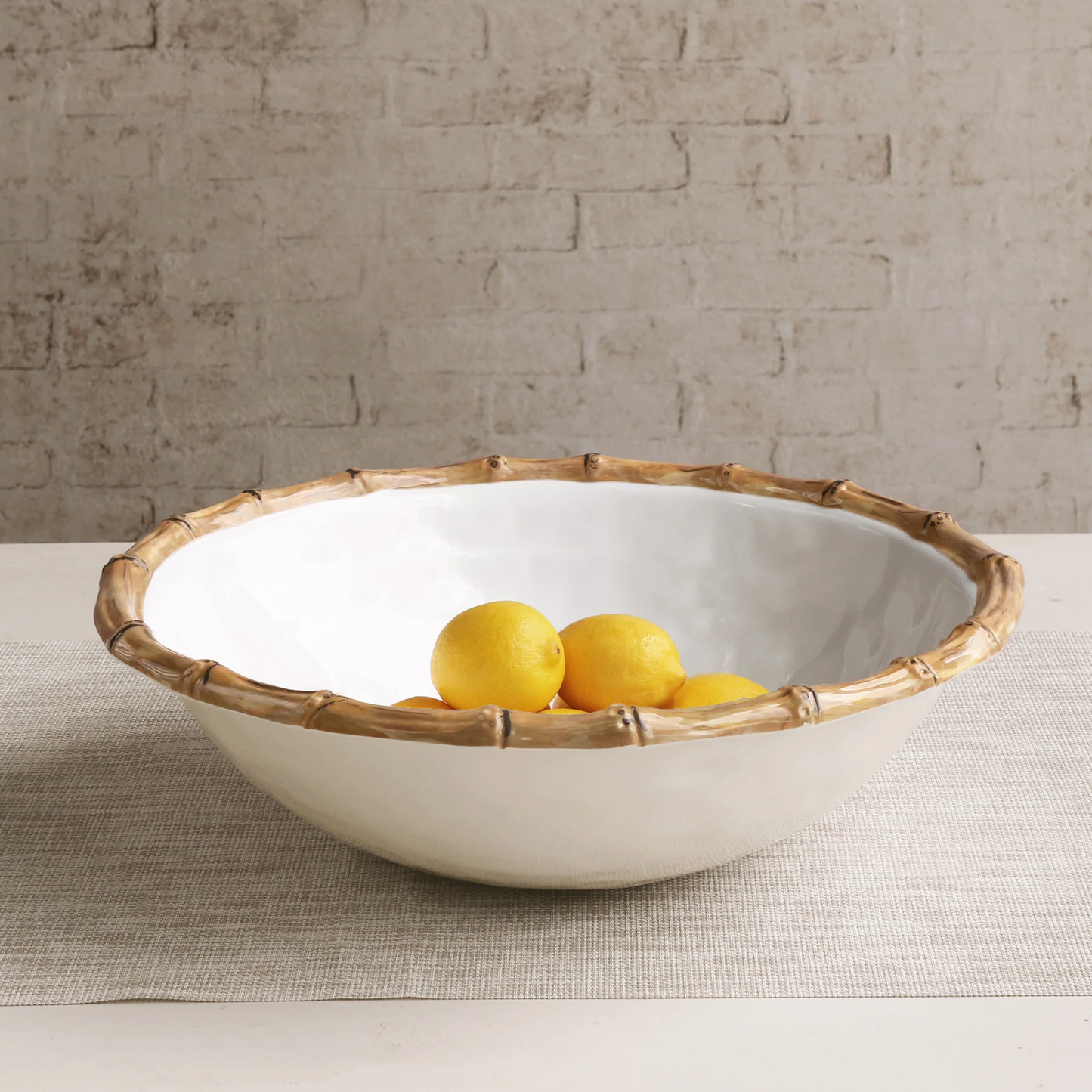 Melamine Bamboo Large Salad Bowl, White and Natural