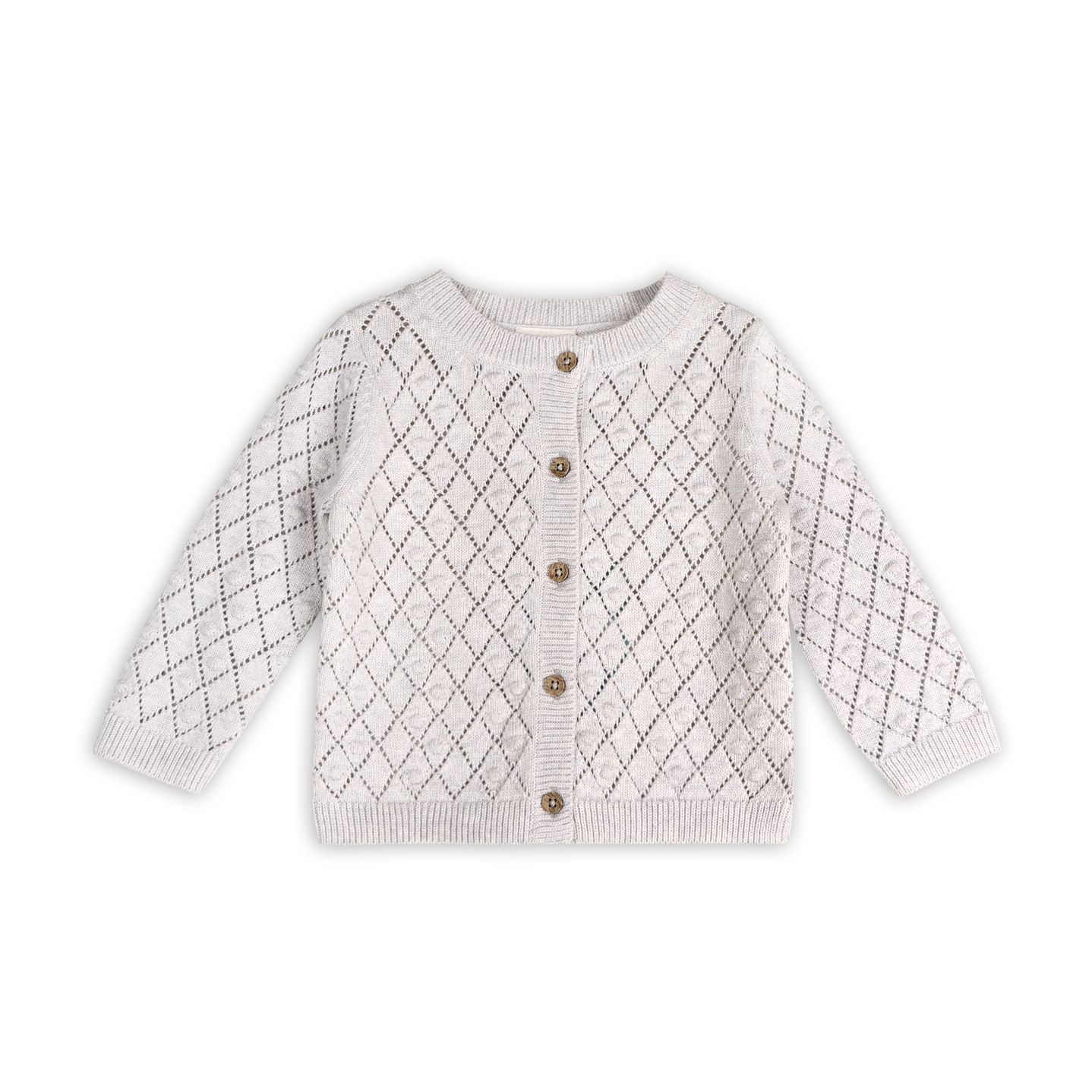 Dobby Pointelle Sweater Knit Cardigan, Pearl Grey. Sweater Shown in 6 to 12 months. Call for available Sizes, 303-744-7464