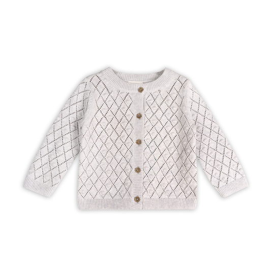 Dobby Pointelle Sweater Knit Cardigan, Pearl Grey. Sweater Shown in 6 to 12 months. Call for available Sizes, 303-744-7464