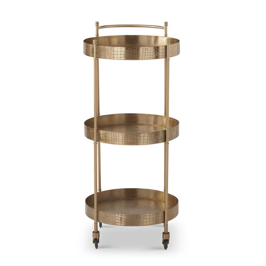 Gold Metal Alligator Skin Embossed Bar Trolley 37 In.