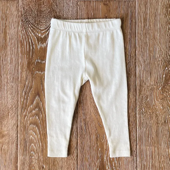 Pointelle Stretch Knit Legging Pant, Soft White. Pants Shown in 6 to 12 months. Call for available Sizes, 303-744-7464