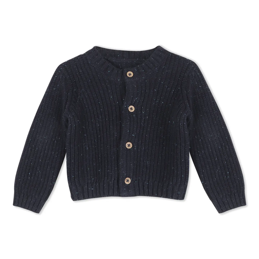 Classic Chunky Knit Baby Sweater Cardigan, Speckled Navy. Sweater Shown in 6 to 12 months. Call for available Sizes, 303-744-7464