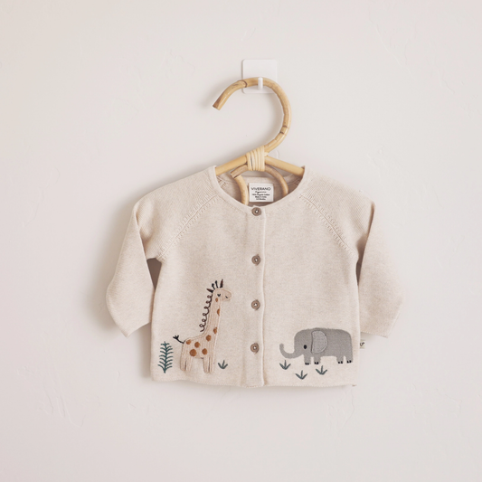 Animal Safari Embroidered Cardigan Sweater, Natural. Sweater Shown in 6 to 12 months. Call for available Sizes, 303-744-7464