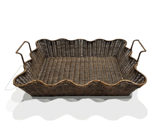 Large Scalloped Tray -Rattan Antique Brown 23.75 In