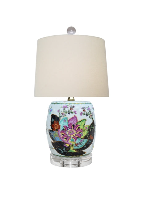 Tobacco Leaf Canton Drum Lamp with Crystal Base