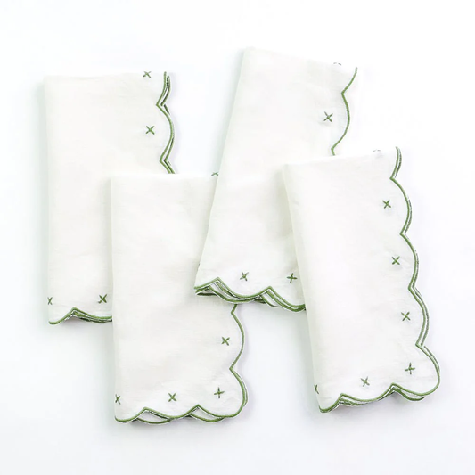 Scalloped Knot Green Embroidered Linen Napkin